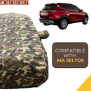 Autofact Seltos Car Cover - TearTough - Dog Proof / Waterproof Car Body Cover for Kia Seltos - With Mirror Pockets, Triple Stitched, Bottom Fully Elastic, Adjustable Belt and Buckle (Jungle Print 4x4)
