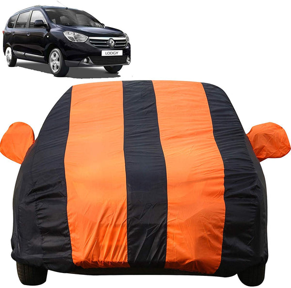 Autofact Lodgy Car Cover - EasyShield - Car Body Cover for Renaults Lodgy - With Mirror Pockets, Triple Stitched, Bottom Fully Elastic, Adjustable Belt and Buckle (Orange Blue Stripes)