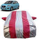 Autofact Datsun Go Car Cover - FlexGuard - Waterproof Car Body Cover for Nissan Datsun Go - With Mirror Pockets, Triple Stitched, Bottom Fully Elastic, Adjustable Belt and Buckle (Silver / Pink Stripes)