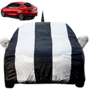 Autofact Tigor Car Cover - EasyShield - Car Body Cover for Tata Tigor - With Mirror Pockets, Triple Stitched, Bottom Fully Elastic, Adjustable Belt and Buckle (White Blue Stripes)