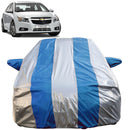 Autofact Cruze Car Cover - FlexGuard - Waterproof Car Body Cover for Chevrolet Cruze - With Mirror Pockets, Triple Stitched, Bottom Fully Elastic, Adjustable Belt and Buckle (Silver / Blue Stripes)