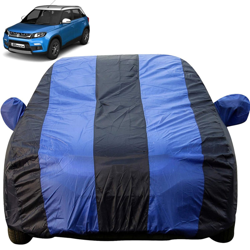 Autofact Brezza Car Cover - EasyShield - Car Body Cover for Maruti Brezza - With Mirror Pockets, Triple Stitched, Bottom Fully Elastic, Adjustable Belt and Buckle (Royal Blue Stripes)