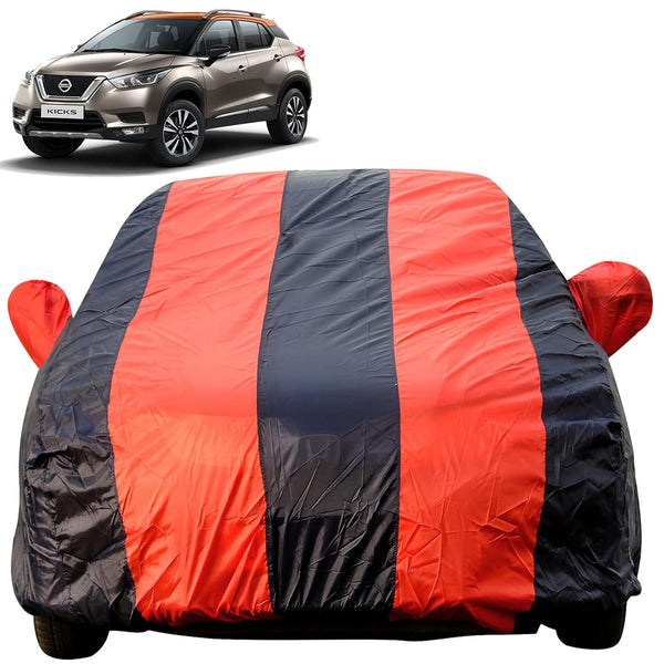 Autofact Kicks Car Cover - EasyShield - Car Body Cover for Nissan Kicks - With Mirror Pockets, Triple Stitched, Bottom Fully Elastic, Adjustable Belt and Buckle (Red Blue Stripes)
