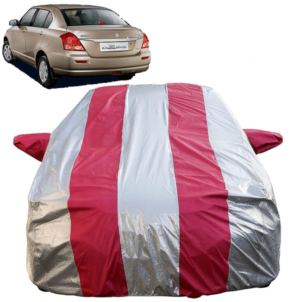 Autofact Swift Dzire Old Model Car Cover - FlexGuard - Waterproof Car Body Cover for Maruti Swift Dzire Old Model - With Mirror Pockets, Triple Stitched, Bottom Fully Elastic, Adjustable Belt and Buckle (Silver / Pink Stripes)