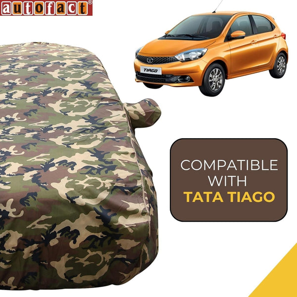 Autofact Tiago Car Cover - TearTough - Dog Proof / Waterproof Car Body Cover for Tata Tiago - With Mirror Pockets, Triple Stitched, Bottom Fully Elastic, Adjustable Belt and Buckle (Jungle Print 4x4)
