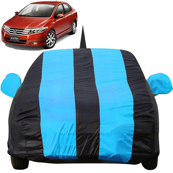 Autofact City Ivtech Car Cover - EasyShield - Car Body Cover for Honda City Ivtech - With Mirror Pockets, Triple Stitched, Bottom Fully Elastic, Adjustable Belt and Buckle (Teak Blue Stripes)