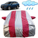 Autofact Scross Car Cover - FlexGuard - Waterproof Car Body Cover for Maruti Scross - With Mirror & Antenna Pockets, Triple Stitched, Bottom Fully Elastic, Adjustable Belt and Buckle (Silver / Pink Stripes)