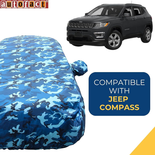 Autofact Compass Car Cover - TearTough - Dog Proof / Waterproof Car Body Cover for Jeep Compass - With Mirror Pockets, Triple Stitched, Bottom Fully Elastic, Adjustable Belt and Buckle (Airforce Blue 4x4)