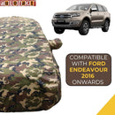 Autofact Endeavour Car Cover - TearTough - Dog Proof / Waterproof Car Body Cover for Ford Endeavour - With Mirror Pockets, Triple Stitched, Bottom Fully Elastic, Adjustable Belt and Buckle (Jungle Print 4x4)