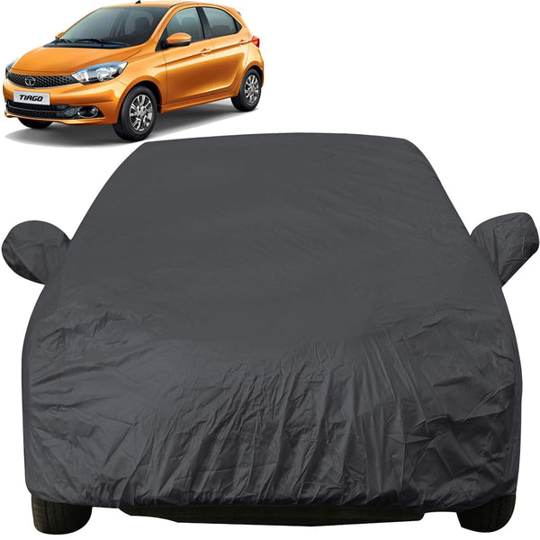 Autofact Tiago Car Cover - EasyShield - Car Body Cover for Tata Tiago - With Mirror Pockets, Triple Stitched, Bottom Fully Elastic, Adjustable Belt and Buckle (Grey 190T)