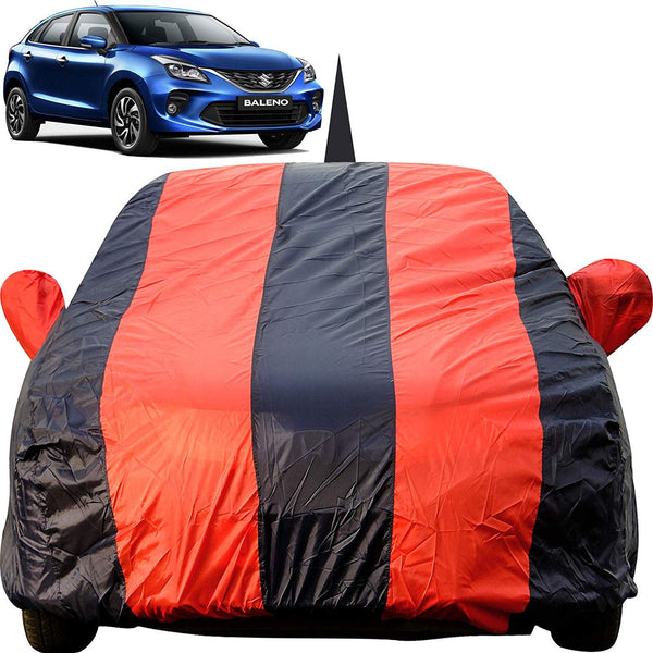 Autofact Baleno Car Cover - EasyShield - Car Body Cover for Maruti Baleno - With Mirror Pockets, Triple Stitched, Bottom Fully Elastic, Adjustable Belt and Buckle (Red Blue Stripes)