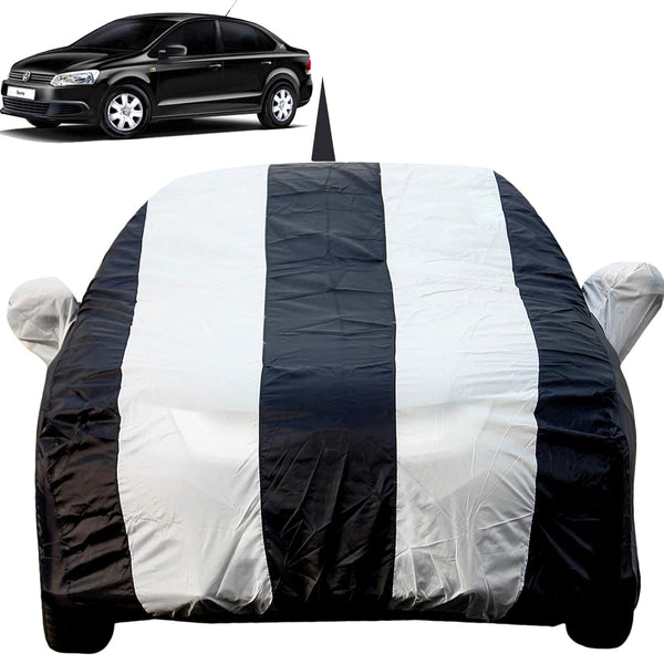 Autofact Vento Car Cover - EasyShield - Car Body Cover for Volkswagen Vento - With Mirror Pockets, Triple Stitched, Bottom Fully Elastic, Adjustable Belt and Buckle (White Blue Stripes)