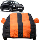 Autofact Creta New Car Cover - EasyShield - Waterproof Car Body Cover for Hyundai Creta New - With Mirror Pockets, Triple Stitched, Bottom Fully Elastic, Adjustable Belt and Buckle (Orange Blue Stripes)