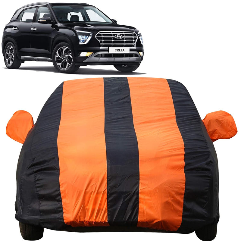 Autofact Creta New Car Cover - EasyShield - Waterproof Car Body Cover for Hyundai Creta New - With Mirror Pockets, Triple Stitched, Bottom Fully Elastic, Adjustable Belt and Buckle (Orange Blue Stripes)