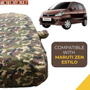 Autofact Zen Estilo Car Cover - TearTough - Dog Proof / Waterproof Car Body Cover for Maruti Zen Estilo - With Mirror Pockets, Triple Stitched, Bottom Fully Elastic, Adjustable Belt and Buckle (Jungle Print 4x4)