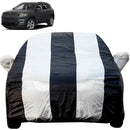 Autofact Compass Car Cover - EasyShield - Car Body Cover for Jeep Compass - With Mirror Pockets, Triple Stitched, Bottom Fully Elastic, Adjustable Belt and Buckle (White Blue Stripes)