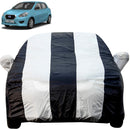 Autofact Datsun Go Car Cover - EasyShield - Car Body Cover for Nissan Datsun Go - With Mirror Pockets, Triple Stitched, Bottom Fully Elastic, Adjustable Belt and Buckle (White Blue Stripes)