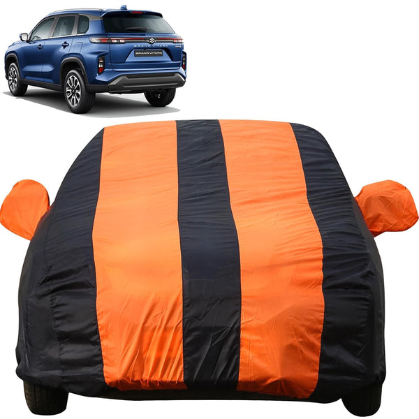 Autofact Grand Vitara Car Cover - EasyShield - Car Body Cover for Maruti Grand Vitara - With Mirror Pockets, Triple Stitched, Bottom Fully Elastic, Adjustable Belt and Buckle (Orange Blue Stripes)