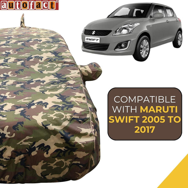 Autofact Swift Old Model Car Cover - TearTough - Dog Proof / Waterproof Car Body Cover for Maruti Swift Old Model - With Mirror & Antenna Pockets, Triple Stitched, Bottom Fully Elastic, Adjustable Belt and Buckle (Jungle Print 4x4)