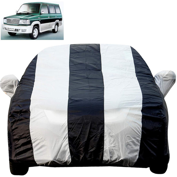 Autofact Qualis Car Cover - EasyShield - Car Body Cover for Toyota Qualis - With Mirror Pockets, Triple Stitched, Bottom Fully Elastic, Adjustable Belt and Buckle (White Blue Stripes)