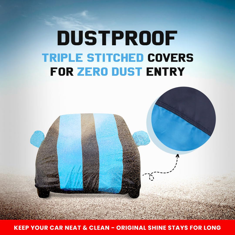 Autofact Scorpio Car Cover - EasyShield - Car Body Cover for Mahindra Scorpio - With Mirror Pockets, Triple Stitched, Bottom Fully Elastic, Adjustable Belt and Buckle (Teak Blue Stripes)