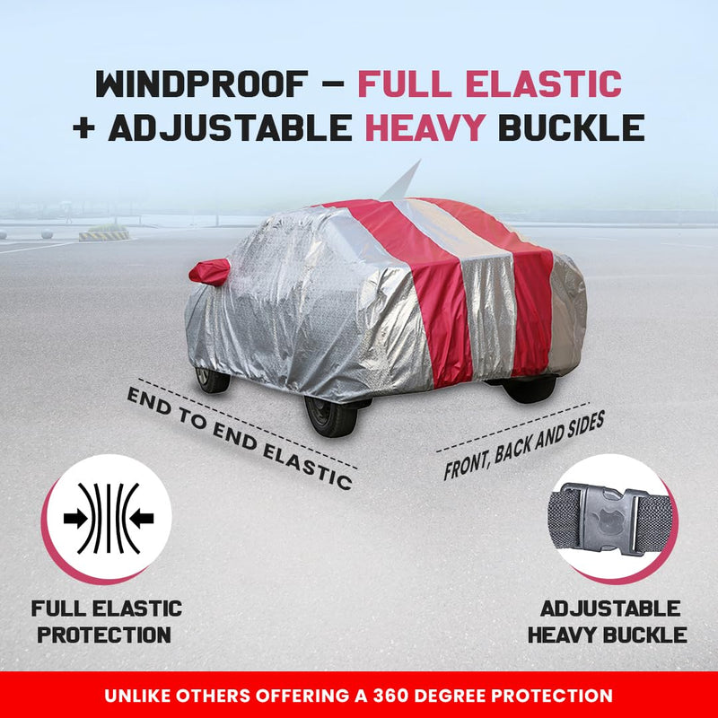 Autofact Swift Car Cover - FlexGuard - Waterproof Car Body Cover for Maruti Swift - With Mirror & Antenna Pockets, Triple Stitched, Bottom Fully Elastic, Adjustable Belt and Buckle (Silver / Pink Stripes)