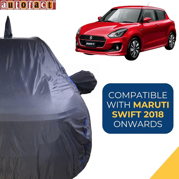 Autofact Swift Car Cover - CoreProtect - Water Resistant Car Body Cover for Maruti Swift - With Mirror & Antenna Pockets, Triple Stitched, Bottom Fully Elastic, Adjustable Belt and Buckle (Grey 210D)