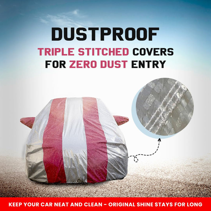 Autofact Zen Estilo Car Cover - FlexGuard - Waterproof Car Body Cover for Maruti Zen Estilo - With Mirror Pockets, Triple Stitched, Bottom Fully Elastic, Adjustable Belt and Buckle (Silver / Pink Stripes)