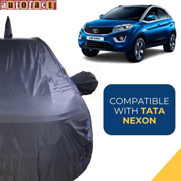 Autofact Nexon Car Cover - CoreProtect - Water Resistant Car Body Cover for Tata Nexon - With Mirror & Antenna Pockets, Triple Stitched, Bottom Fully Elastic, Adjustable Belt and Buckle (Grey 210D)