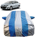 Autofact Yaris Car Cover - FlexGuard - Waterproof Car Body Cover for Toyota Yaris - With Mirror Pockets, Triple Stitched, Bottom Fully Elastic, Adjustable Belt and Buckle (Silver / Blue Stripes)