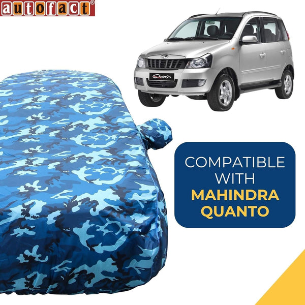 Autofact Quanto Car Cover - TearTough - Dog Proof / Waterproof Car Body Cover for Mahindra Quanto - With Mirror Pockets, Triple Stitched, Bottom Fully Elastic, Adjustable Belt and Buckle (Airforce Blue 4x4)