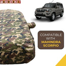 Autofact Scorpio Car Cover - TearTough - Dog Proof / Waterproof Car Body Cover for Mahindra Scorpio - With Mirror Pockets, Triple Stitched, Bottom Fully Elastic, Adjustable Belt and Buckle (Jungle Print 4x4)