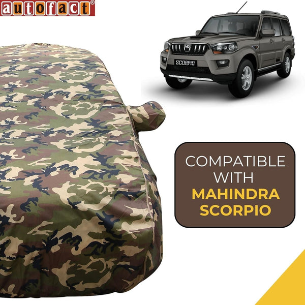 Autofact Scorpio Car Cover - TearTough - Dog Proof / Waterproof Car Body Cover for Mahindra Scorpio - With Mirror Pockets, Triple Stitched, Bottom Fully Elastic, Adjustable Belt and Buckle (Jungle Print 4x4)