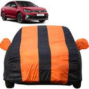 Autofact Virtus Car Cover - EasyShield - Car Body Cover for Volkswagen Virtus - With Mirror Pockets, Triple Stitched, Bottom Fully Elastic, Adjustable Belt and Buckle (Orange Blue Stripes)