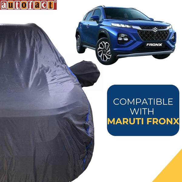 Autofact Fronx Car Cover - CoreProtect - Water Resistant Car Body Cover for Maruti Fronx - With Mirror Pockets, Triple Stitched, Bottom Fully Elastic, Adjustable Belt and Buckle (Grey 210D)