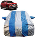 Autofact Hector Car Cover - FlexGuard - Waterproof Car Body Cover for MG Hector - With Mirror Pockets, Triple Stitched, Bottom Fully Elastic, Adjustable Belt and Buckle (Silver / Blue Stripes)