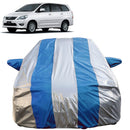 Autofact Innova Old Model Car Cover - FlexGuard - Waterproof Car Body Cover for Toyota Innova Old Model - With Mirror Pockets, Triple Stitched, Bottom Fully Elastic, Adjustable Belt and Buckle (Silver / Blue Stripes)