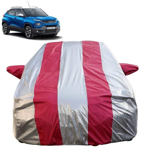 Autofact Punch Car Cover - FlexGuard - Waterproof Car Body Cover for Tata Punch - With Mirror Pockets, Triple Stitched, Bottom Fully Elastic, Adjustable Belt and Buckle (Silver / Pink Stripes)