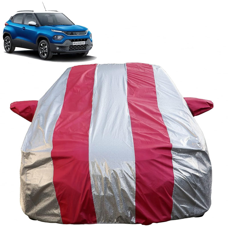 Autofact Punch Car Cover - FlexGuard - Waterproof Car Body Cover for Tata Punch - With Mirror Pockets, Triple Stitched, Bottom Fully Elastic, Adjustable Belt and Buckle (Silver / Pink Stripes)
