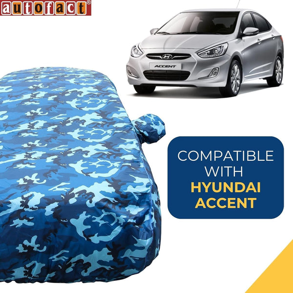 Autofact Accent Car Cover - TearTough - Dog Proof / Waterproof Car Body Cover for Hyundai Accent - With Mirror Pockets, Triple Stitched, Bottom Fully Elastic, Adjustable Belt and Buckle (Airforce Blue 4x4)