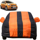 Autofact Micra Car Cover - EasyShield - Car Body Cover for Nissan Micra - With Mirror Pockets, Triple Stitched, Bottom Fully Elastic, Adjustable Belt and Buckle (Orange Blue Stripes)