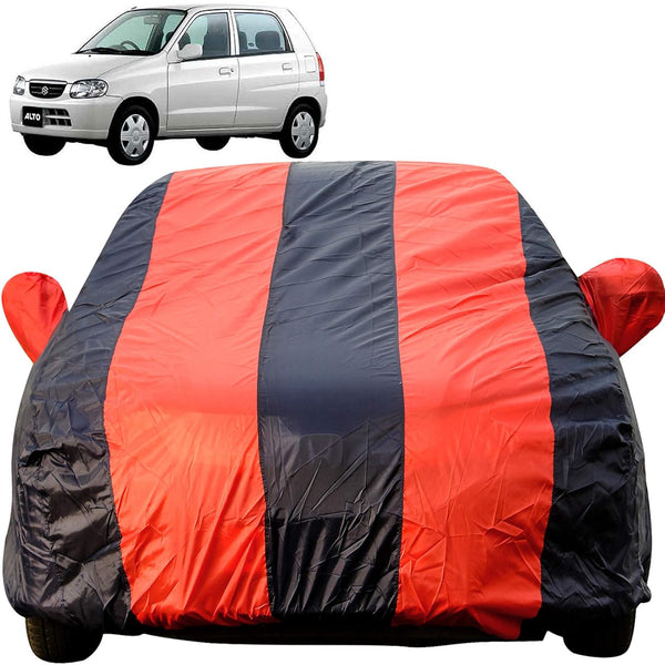 Autofact Alto Old Model Car Cover - EasyShield - Car Body Cover for Maruti Alto Old Model - With Mirror Pockets, Triple Stitched, Bottom Fully Elastic, Adjustable Belt and Buckle (Red Blue Stripes)