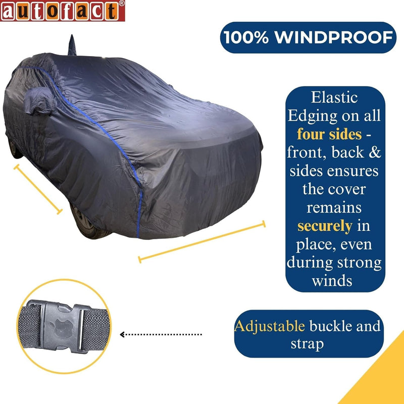 Autofact Swift Car Cover - CoreProtect - Water Resistant Car Body Cover for Maruti Swift - With Mirror & Antenna Pockets, Triple Stitched, Bottom Fully Elastic, Adjustable Belt and Buckle (Grey 210D)