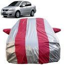 Autofact SX4 Car Cover - FlexGuard - Waterproof Car Body Cover for Maruti SX4 - With Mirror Pockets, Triple Stitched, Bottom Fully Elastic, Adjustable Belt and Buckle (Silver / Pink Stripes)