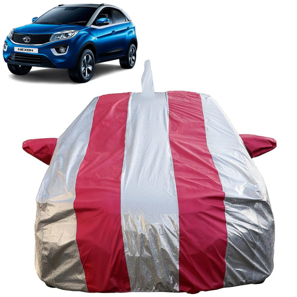 Autofact Nexon Car Cover - FlexGuard - Waterproof Car Body Cover for Tata Nexon - With Mirror & Antenna Pockets, Triple Stitched, Bottom Fully Elastic, Adjustable Belt and Buckle (Silver / Pink Stripes)