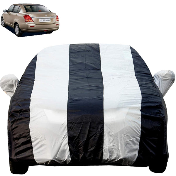 Autofact Swift Dzire Old Model Car Cover - EasyShield - Car Body Cover for Maruti Swift Dzire Old Model - With Mirror Pockets, Triple Stitched, Bottom Fully Elastic, Adjustable Belt and Buckle (White Blue Stripes)