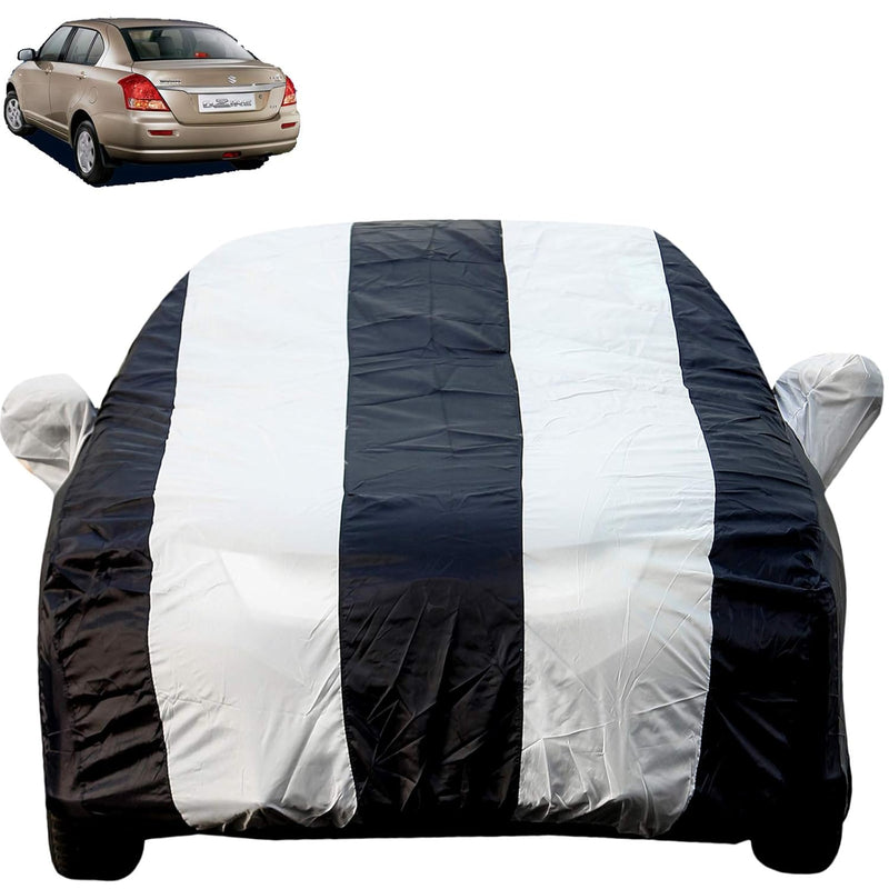 Autofact Swift Dzire Old Model Car Cover - EasyShield - Car Body Cover for Maruti Swift Dzire Old Model - With Mirror Pockets, Triple Stitched, Bottom Fully Elastic, Adjustable Belt and Buckle (White Blue Stripes)