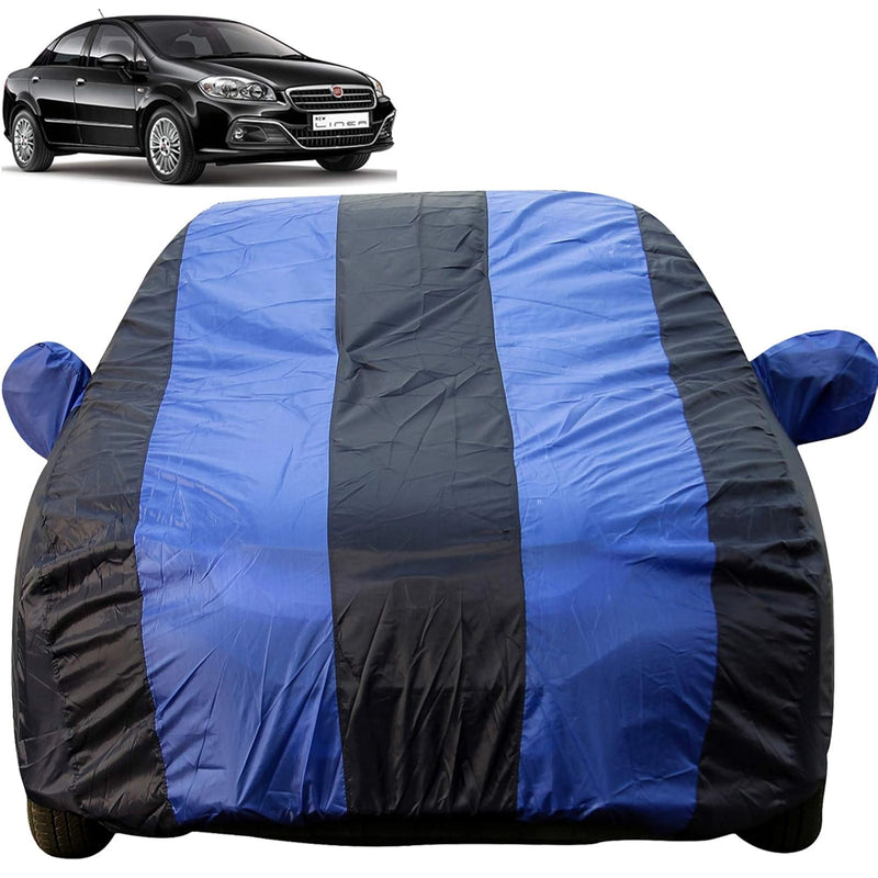 Autofact Linea Car Cover - EasyShield - Car Body Cover for Fiat Linea - With Mirror Pockets, Triple Stitched, Bottom Fully Elastic, Adjustable Belt and Buckle (Royal Blue Stripes)