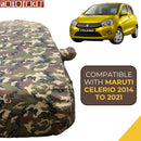 Autofact Celerio Old Model Car Cover - TearTough - Dog Proof / Waterproof Car Body Cover for Maruti Celerio Old Model - With Mirror Pockets, Triple Stitched, Bottom Fully Elastic, Adjustable Belt and Buckle (Jungle Print 4x4)