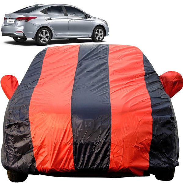 Autofact NexGen Verna Car Cover - EasyShield - Car Body Cover for Hyundai NexGen Verna - With Mirror Pockets, Triple Stitched, Bottom Fully Elastic, Adjustable Belt and Buckle (Red Blue Stripes)
